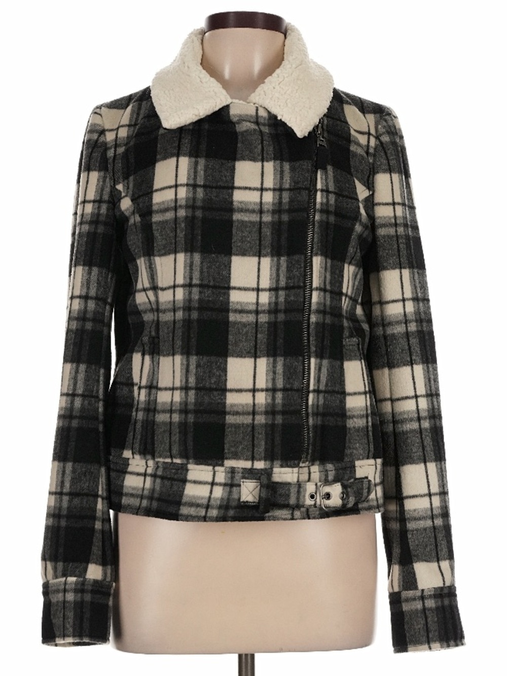 Revolve Splendid Sherpa Collar Plaid Moto Biker Jacket Black White SZ  L